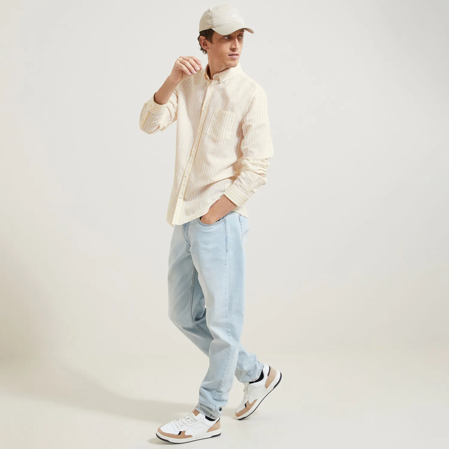 Jules Chemise en coton lin rayée col boutonné- Chemise