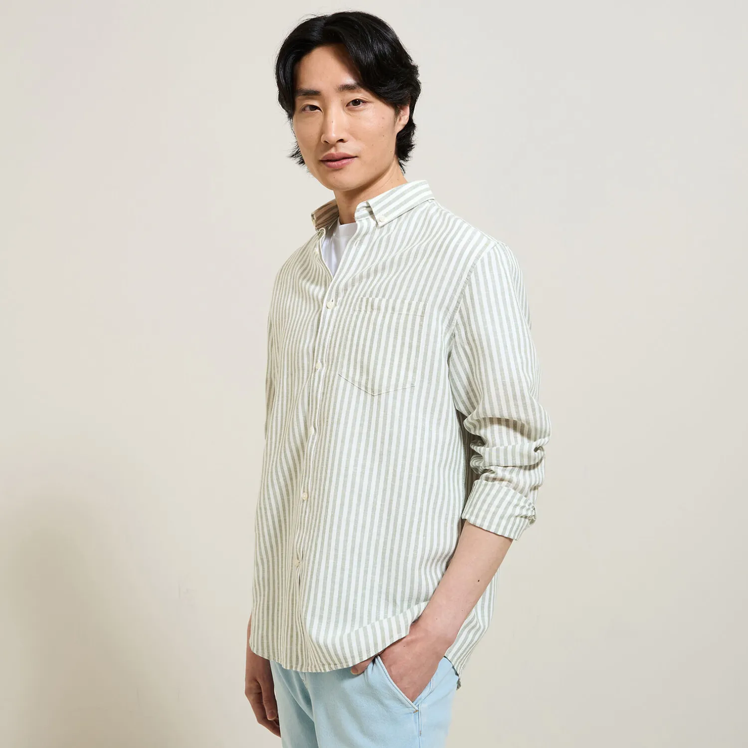 Jules Chemise en coton lin rayée col boutonné- Chemise