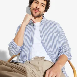 Jules Chemise en coton lin rayée col boutonné- Chemise