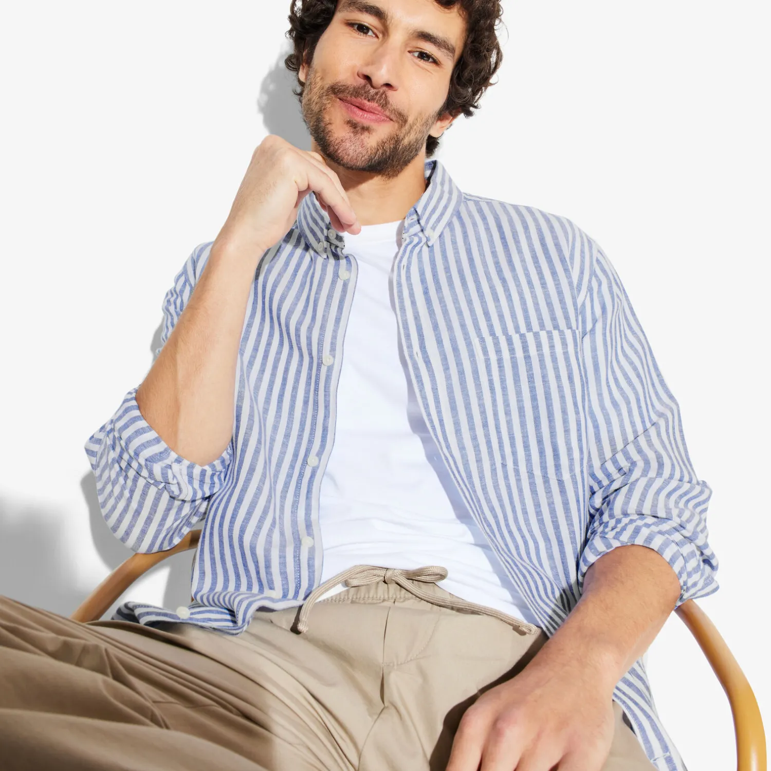 Jules Chemise en coton lin rayée col boutonné- Chemise