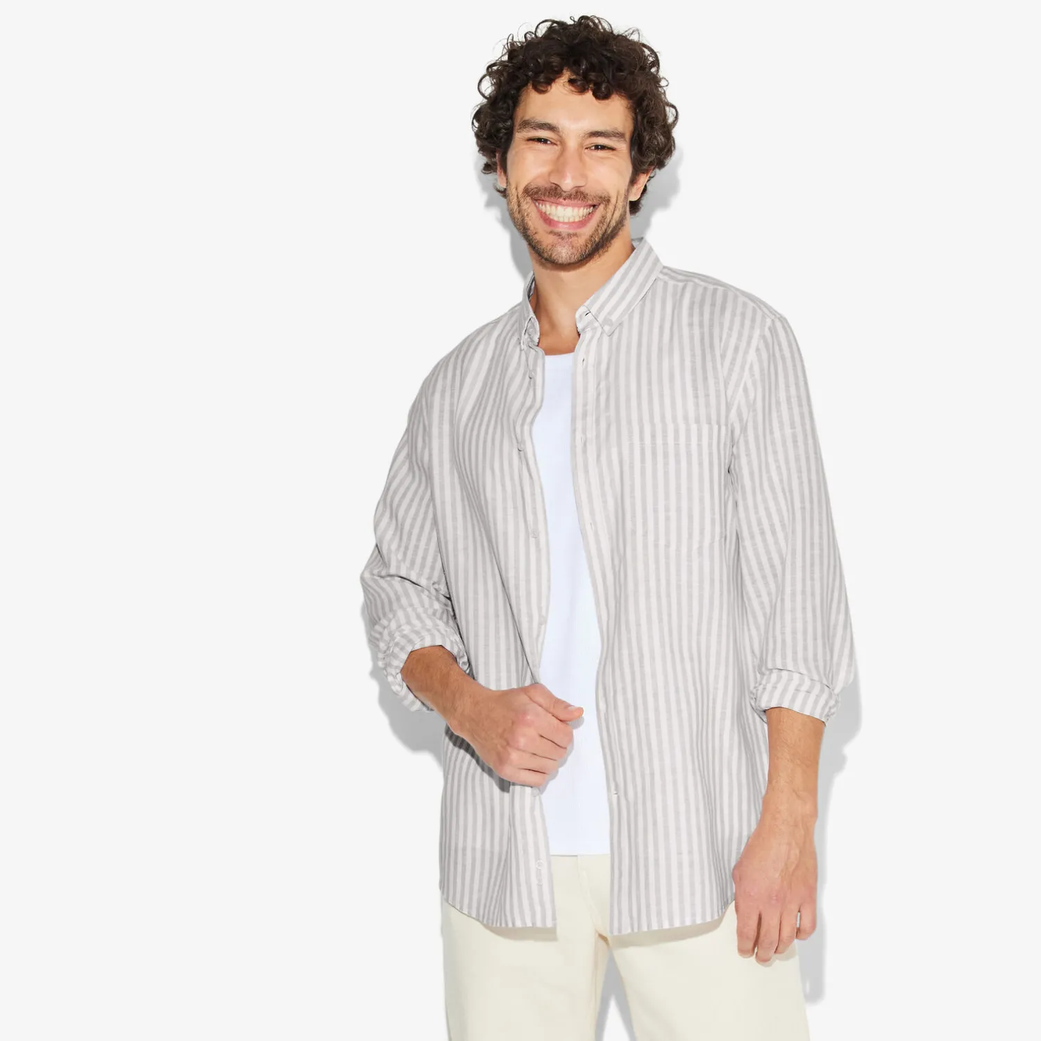 Jules Chemise en coton lin rayée col boutonné- Chemise