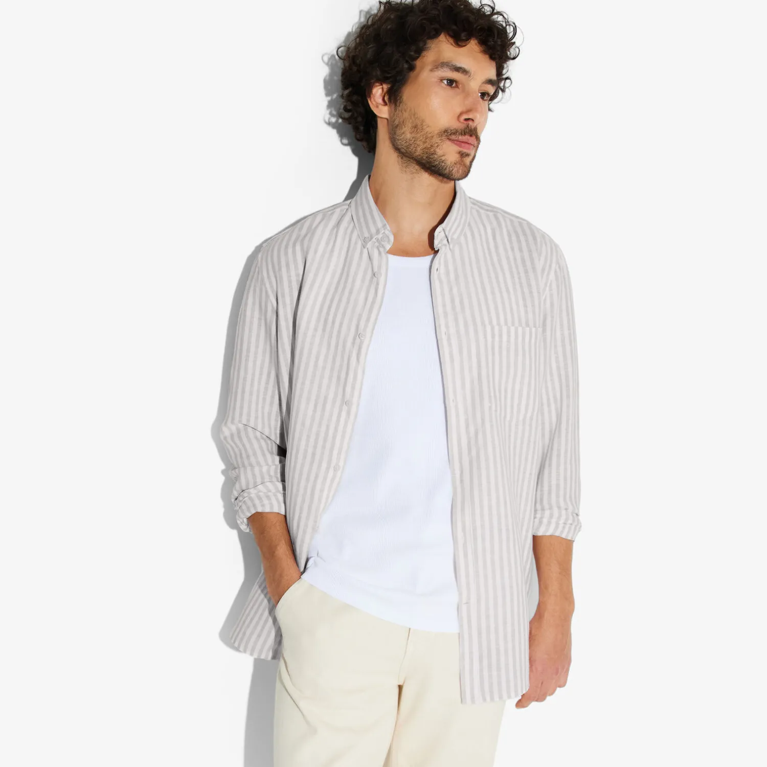 Jules Chemise en coton lin rayée col boutonné- Chemise