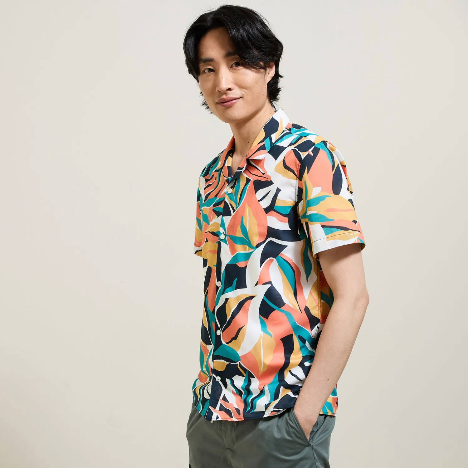 Jules Chemisette en coton col requin motif hawaïen- Chemise