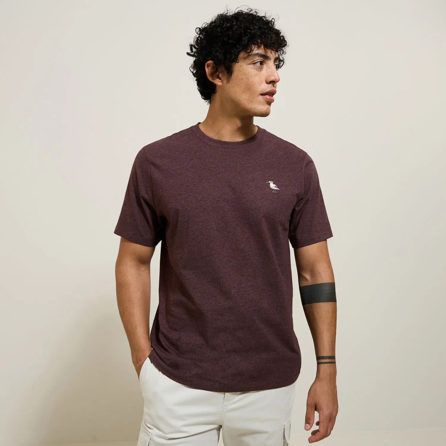 Jules Tee shirt col rond chiné brodé poitrine en coton- T-shirt