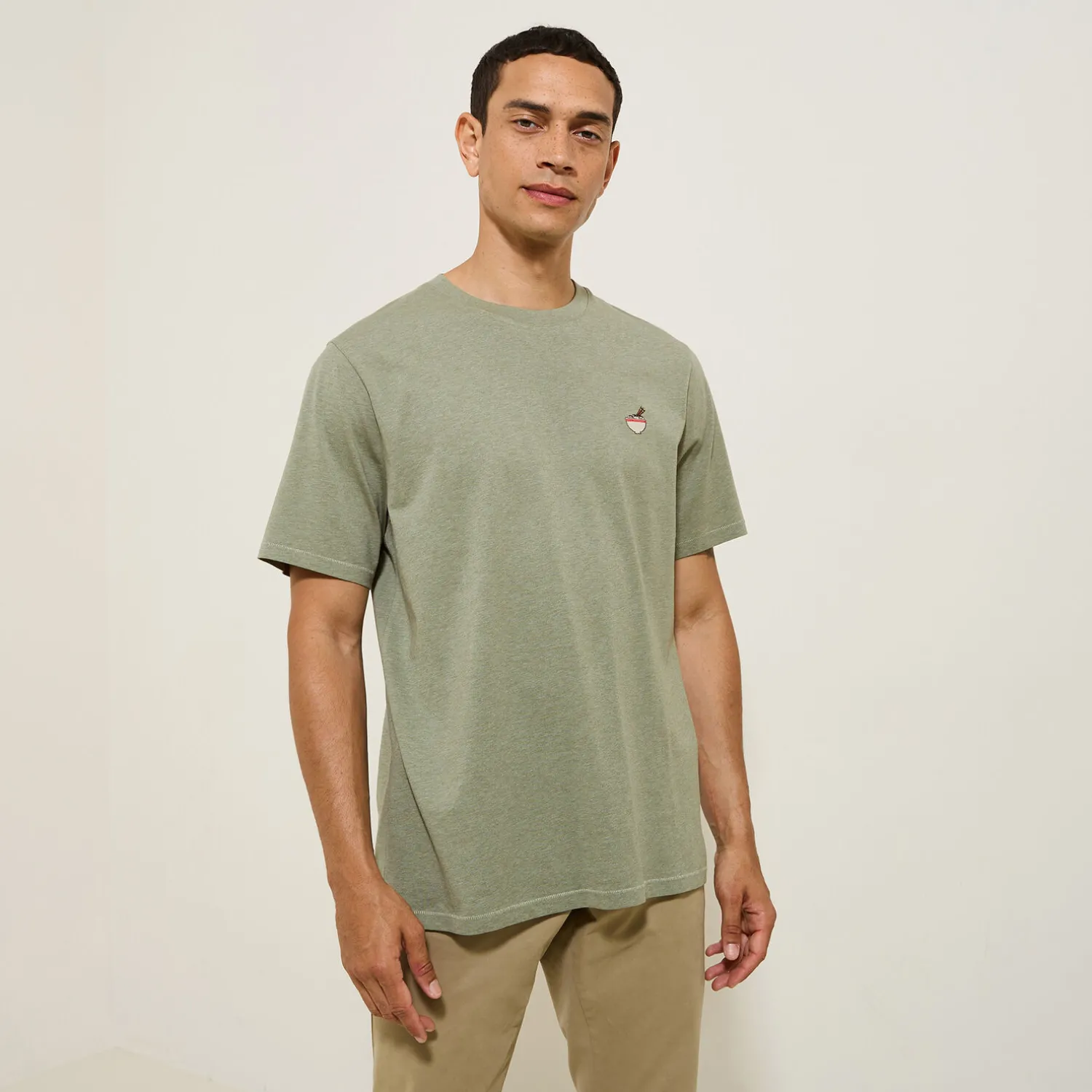 Jules Tee shirt col rond chiné brodé poitrine en coton- T-shirt