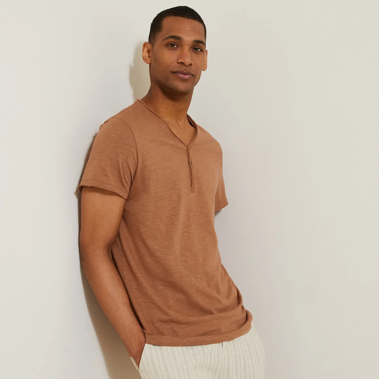 Jules Tee shirt col tunisien matière flammée- T-shirt