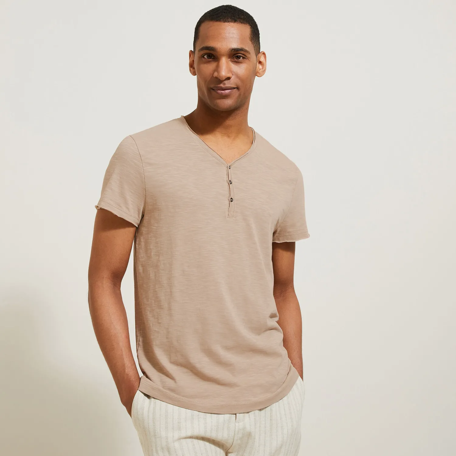 Jules Tee shirt col tunisien matière flammée- T-shirt